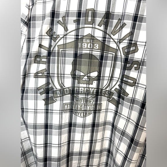 HARLEY-DAVIDSON Skull Shield Plaid Button Down Shirt Black White Gray Graphic - Picture 8 of 16
